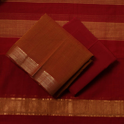 Brown - 3pc Mangalagiri Handloom Cotton Suit Material Set with Zari Border