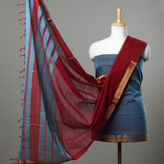 Blue - 3pc Mangalagiri Handloom Cotton Suit Material Set with Zari Border