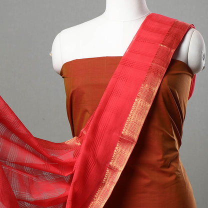 Orange - 3pc Mangalagiri Handloom Cotton Suit Material Set with Zari Border