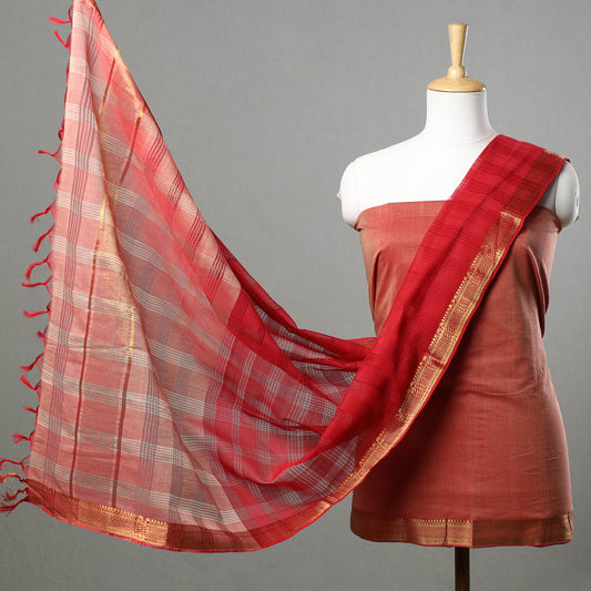 Orange - 3pc Mangalagiri Handloom Cotton Suit Material Set with Zari Border