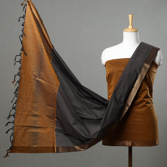 Brown - 3pc Mangalagiri Handloom Cotton Suit Material Set with Zari Border
