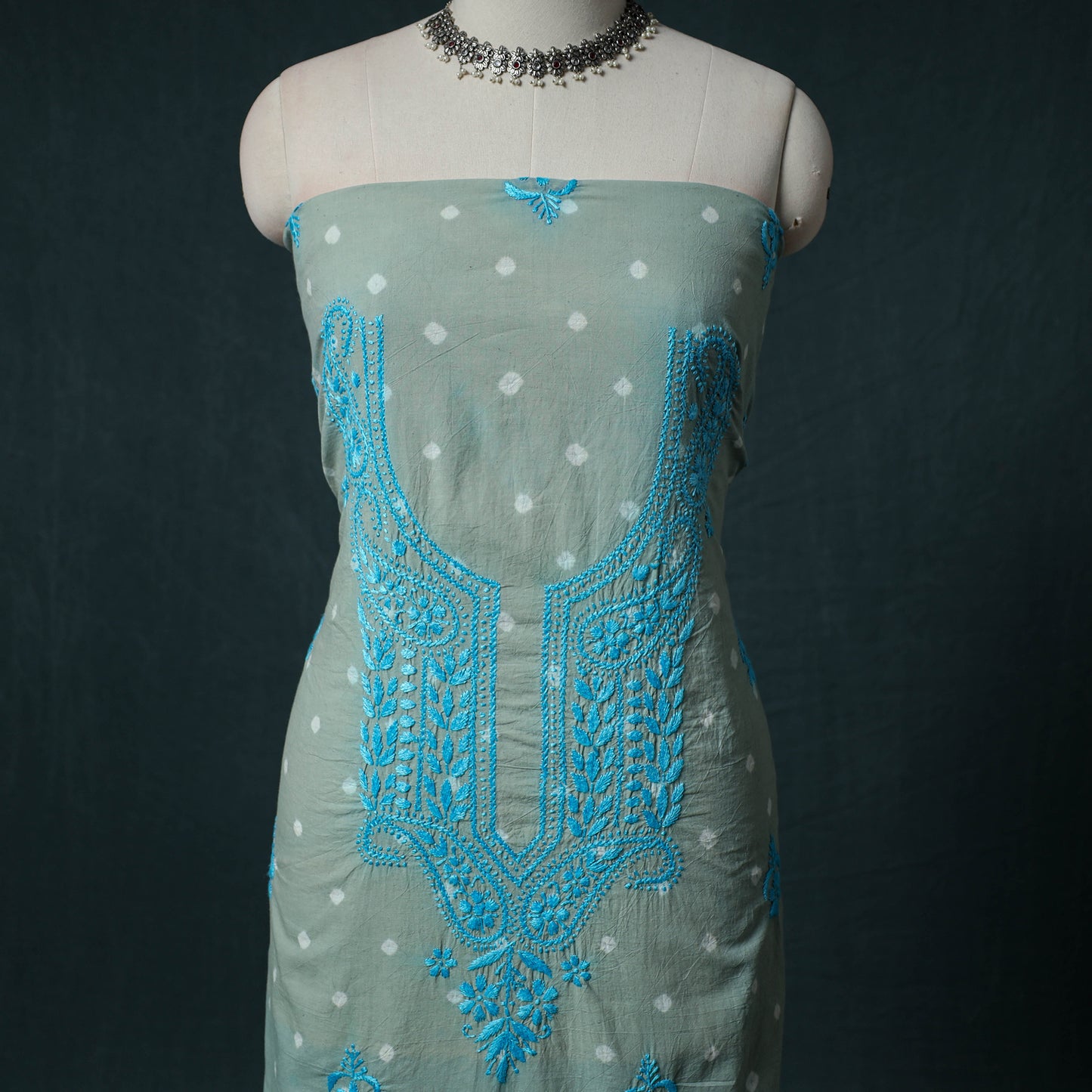 Lucknowi Chikankari Hand Embroidered Cotton Unstitched Kurta Material (2.7M) 12