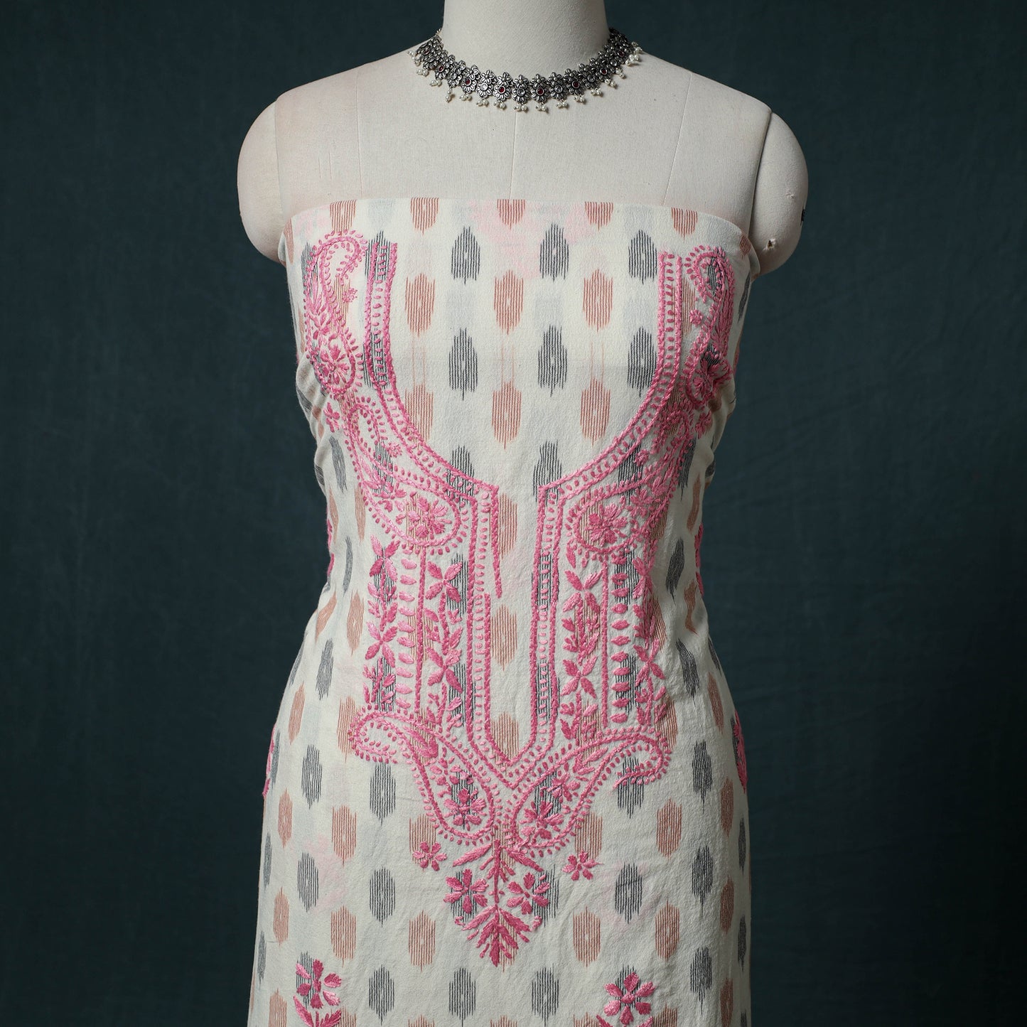 Lucknowi Chikankari Hand Embroidered Cotton Unstitched Kurta Material (2.7M) 16