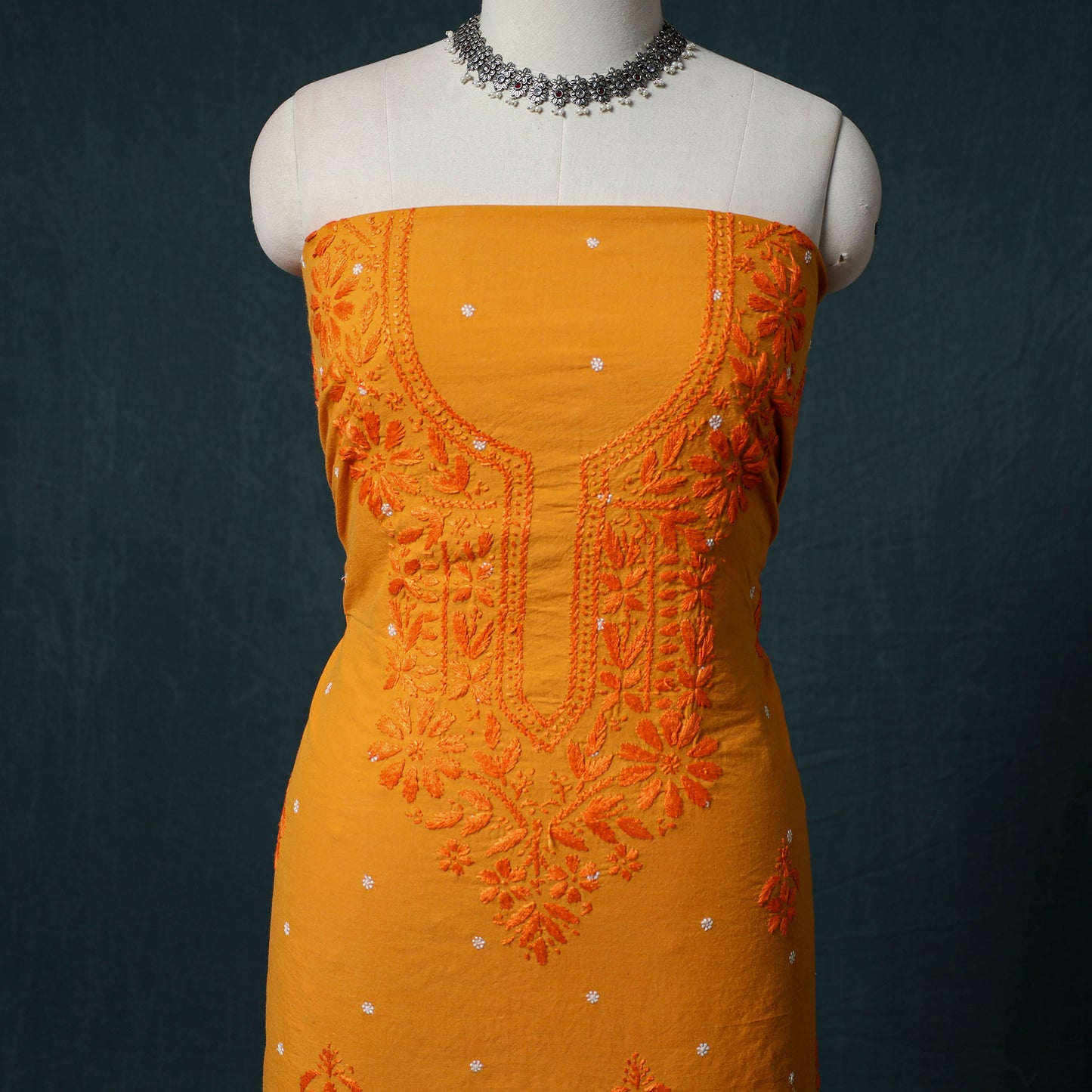 Lucknowi Chikankari Hand Embroidered Cotton Unstitched Kurta Material (2.7M) 20