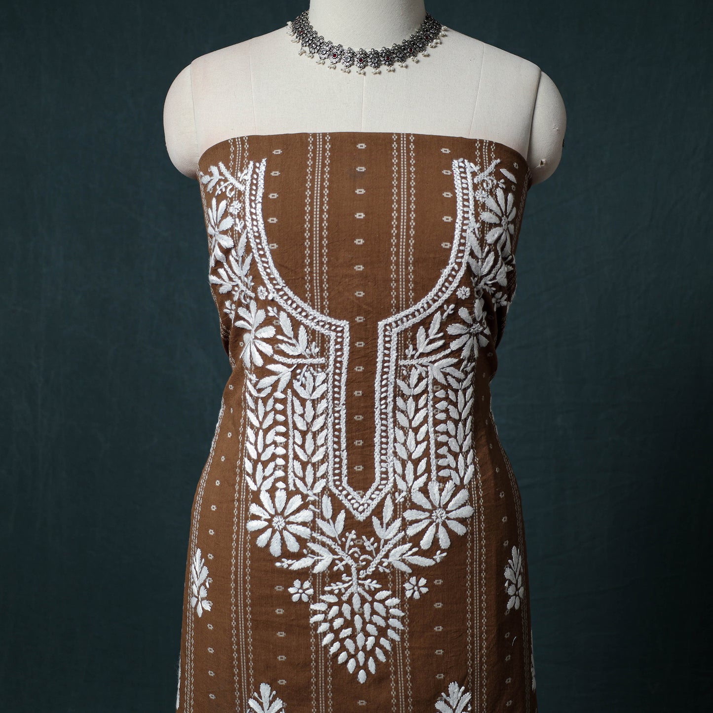 Lucknowi Chikankari Hand Embroidered Cotton Unstitched Kurta Material (2.7M) 23