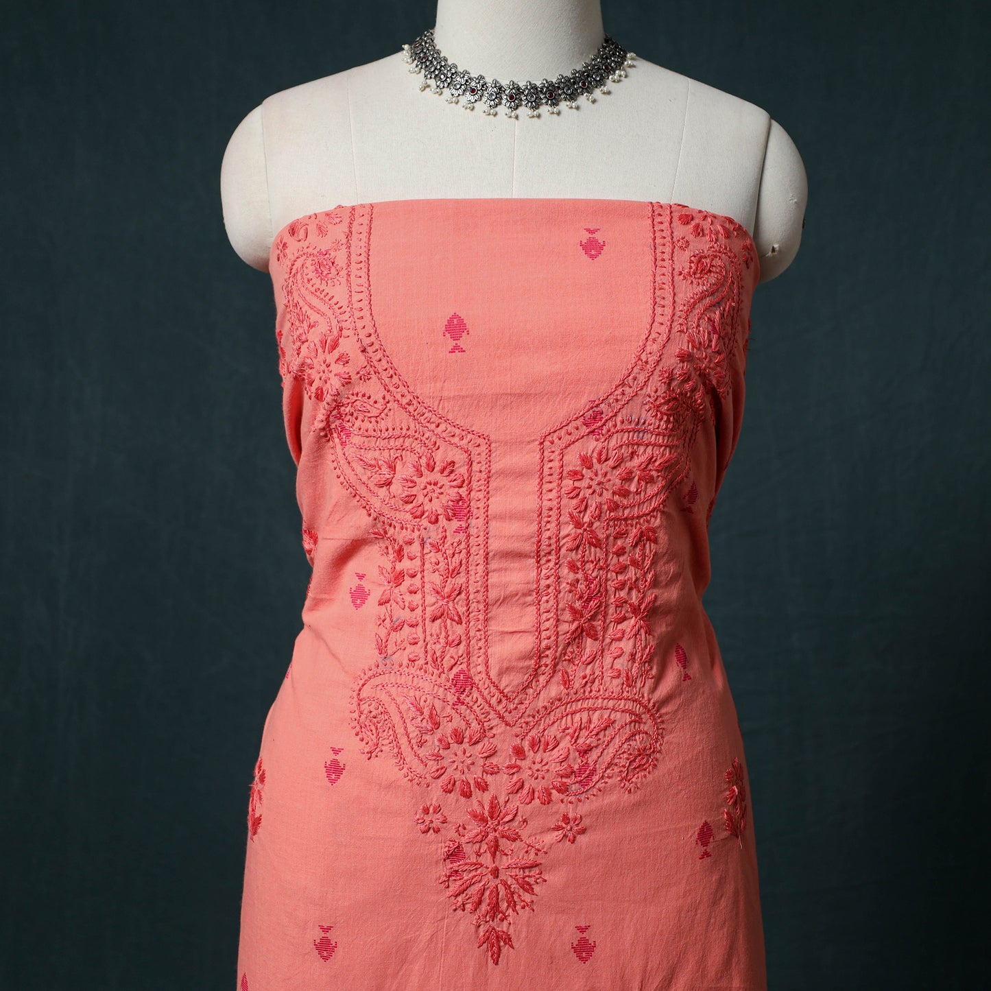 Lucknowi Chikankari Hand Embroidered Cotton Unstitched Kurta Material (2.7M) 26