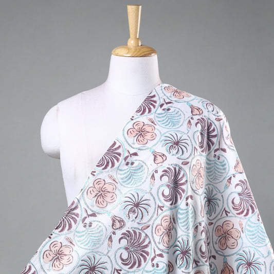 Blue - Fern Leaf Patterned Sanganeri Block Printed Cotton Fabric