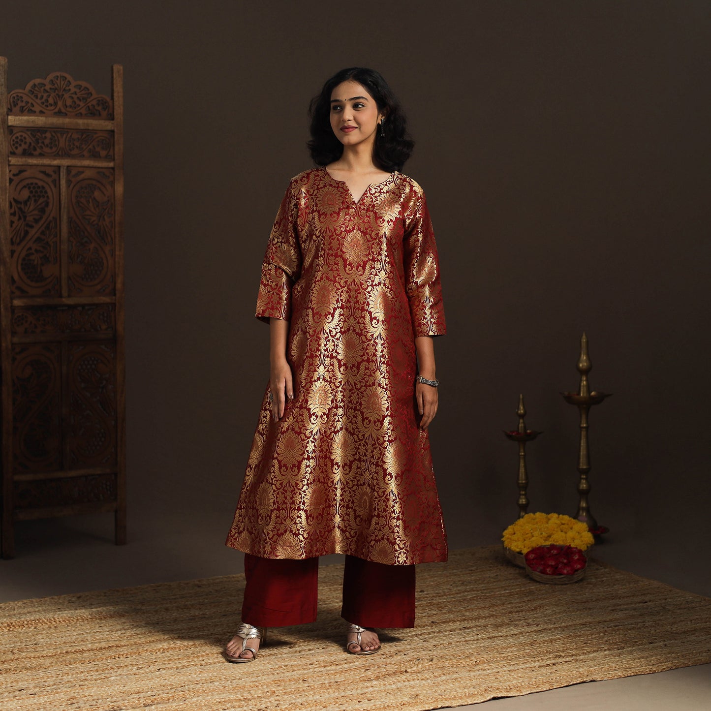 Red - brocade silk a-line banarasi kurta 07 - handcrafted