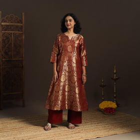 Red - brocade silk a-line banarasi kurta 07 - handcrafted