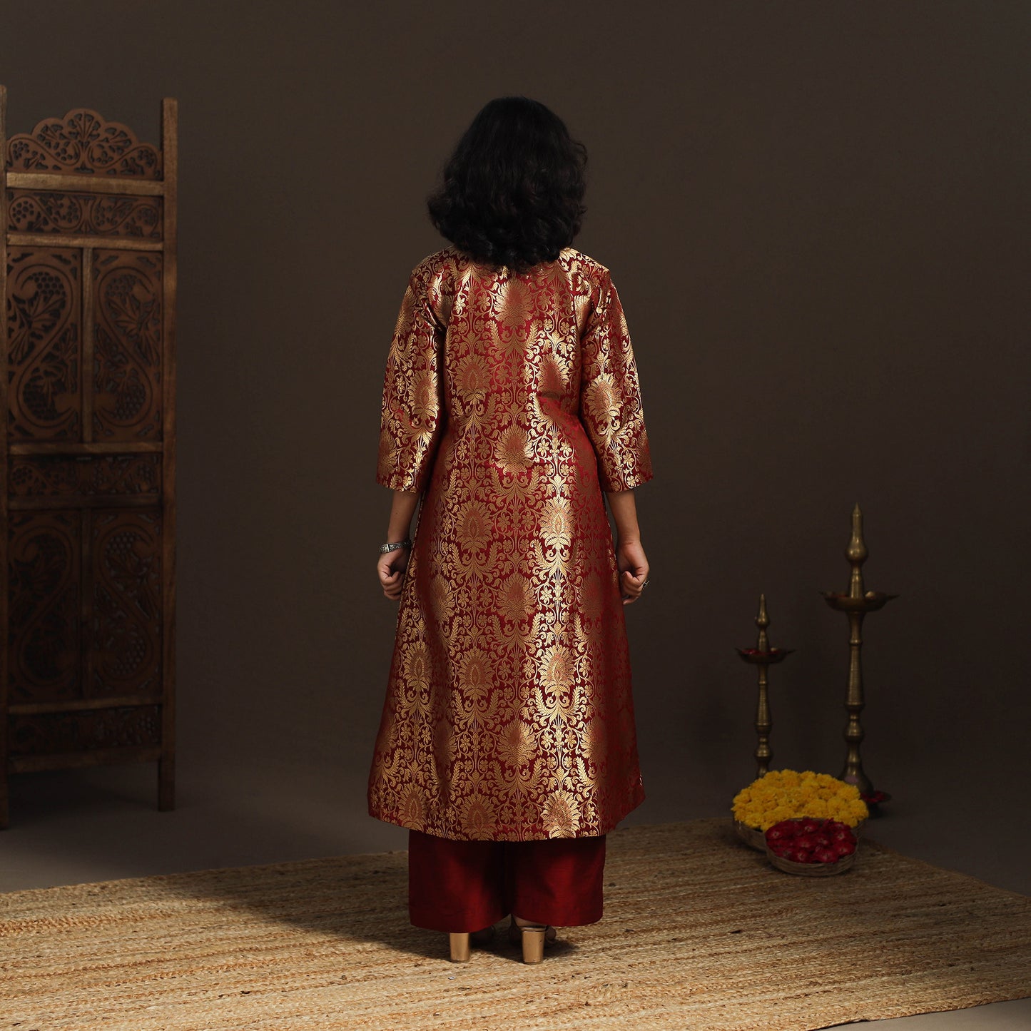 Red - brocade silk a-line banarasi kurta 07 - handcrafted