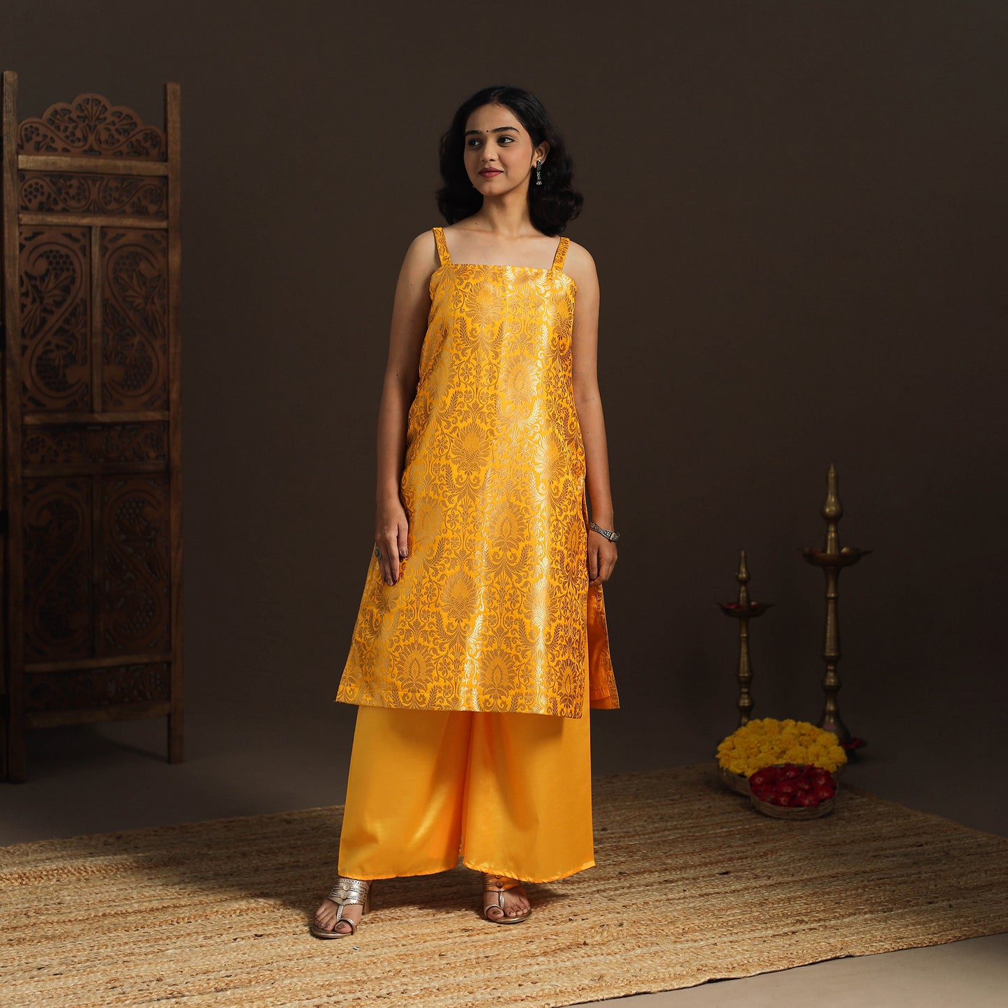 Yellow - brocade silk straight banarasi kurta 11