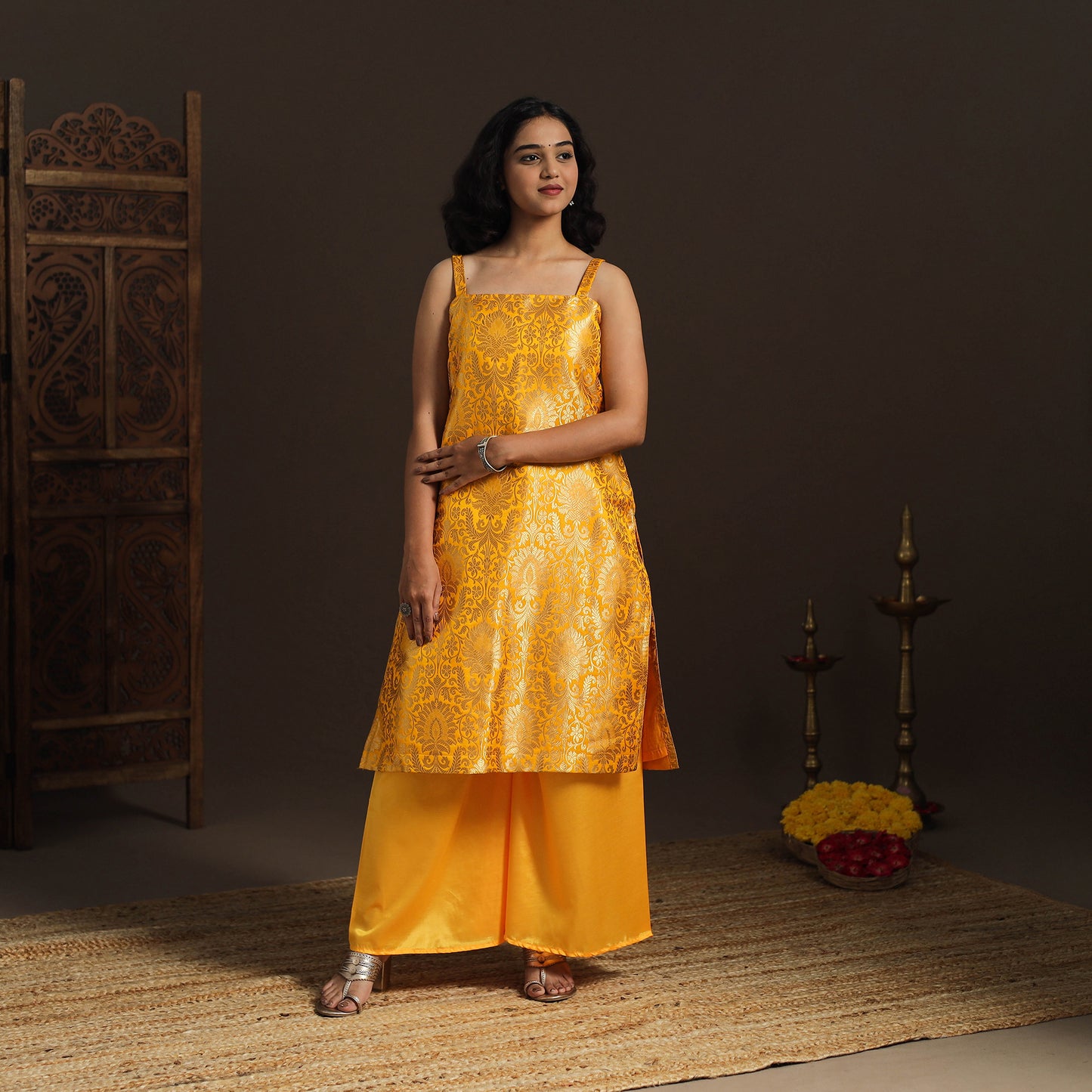 Yellow - brocade silk straight banarasi kurta 11