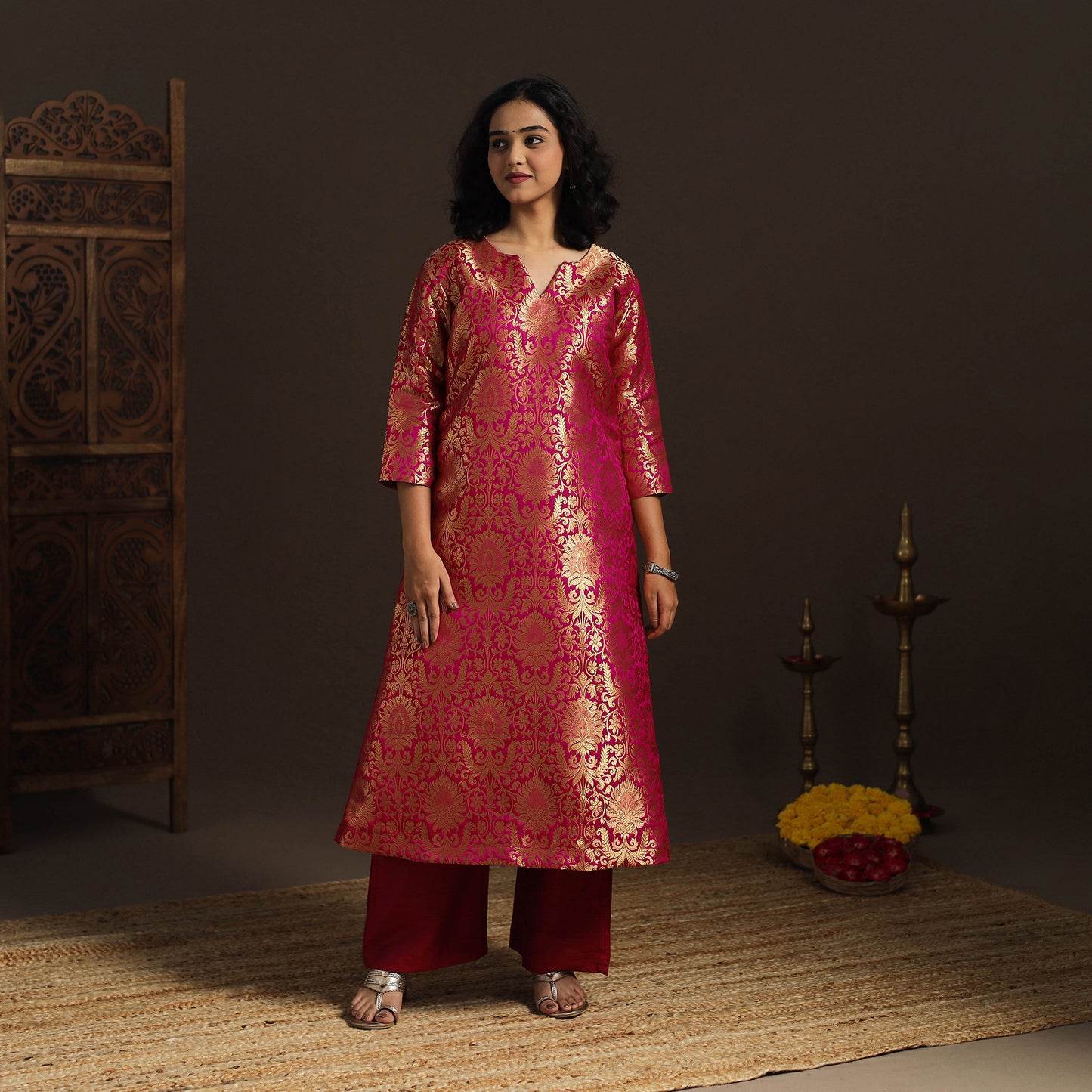 Pink - brocade silk a-line banarasi kurta 06 - handcrafted