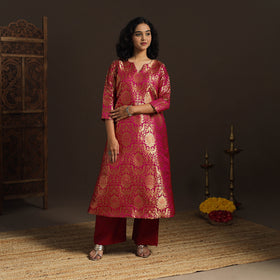Pink - brocade silk a-line banarasi kurta 06 - handcrafted