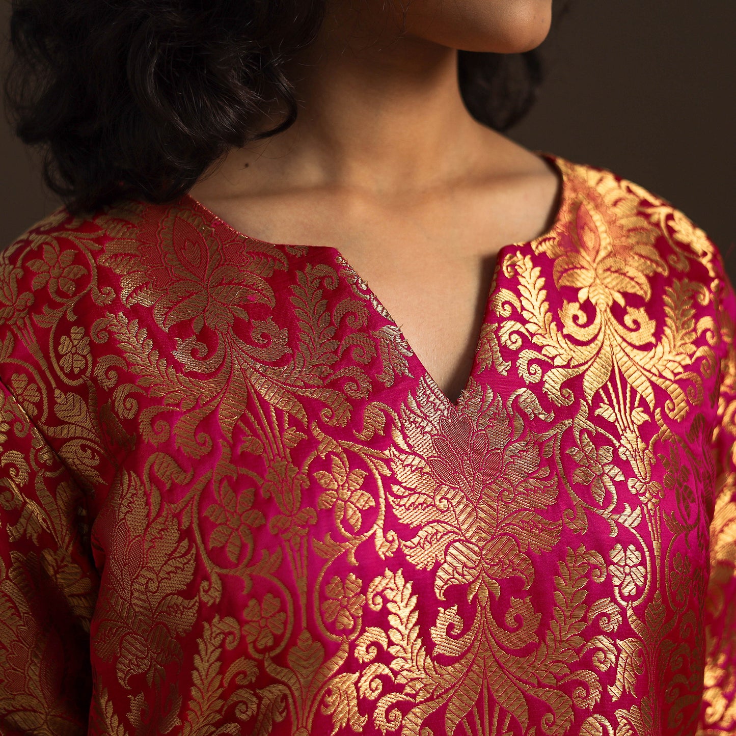 Pink - brocade silk a-line banarasi kurta 06 - handcrafted