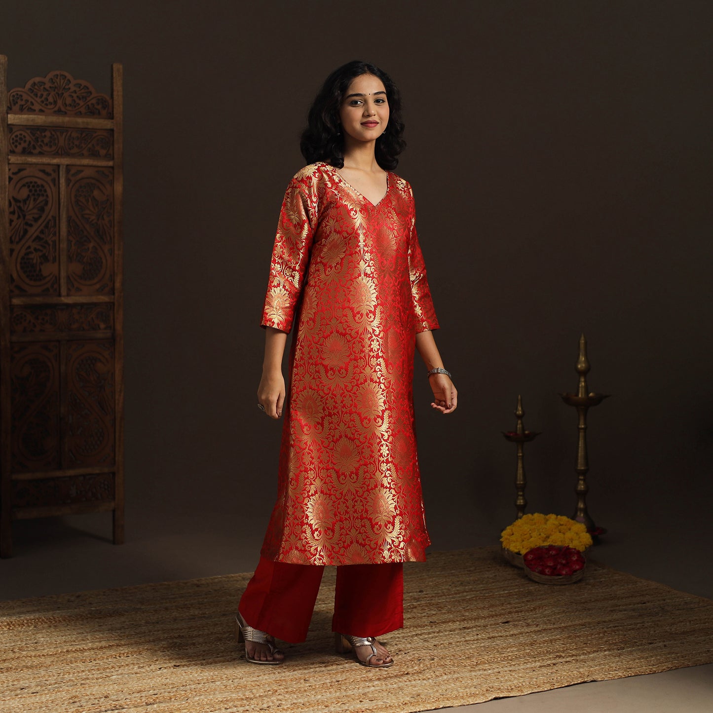 Red - brocade silk a-line banarasi kurta 03 - handcrafted