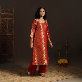 Red - brocade silk a-line banarasi kurta 03 - handcrafted
