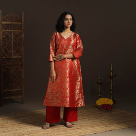 Red - brocade silk a-line banarasi kurta 03 - handcrafted