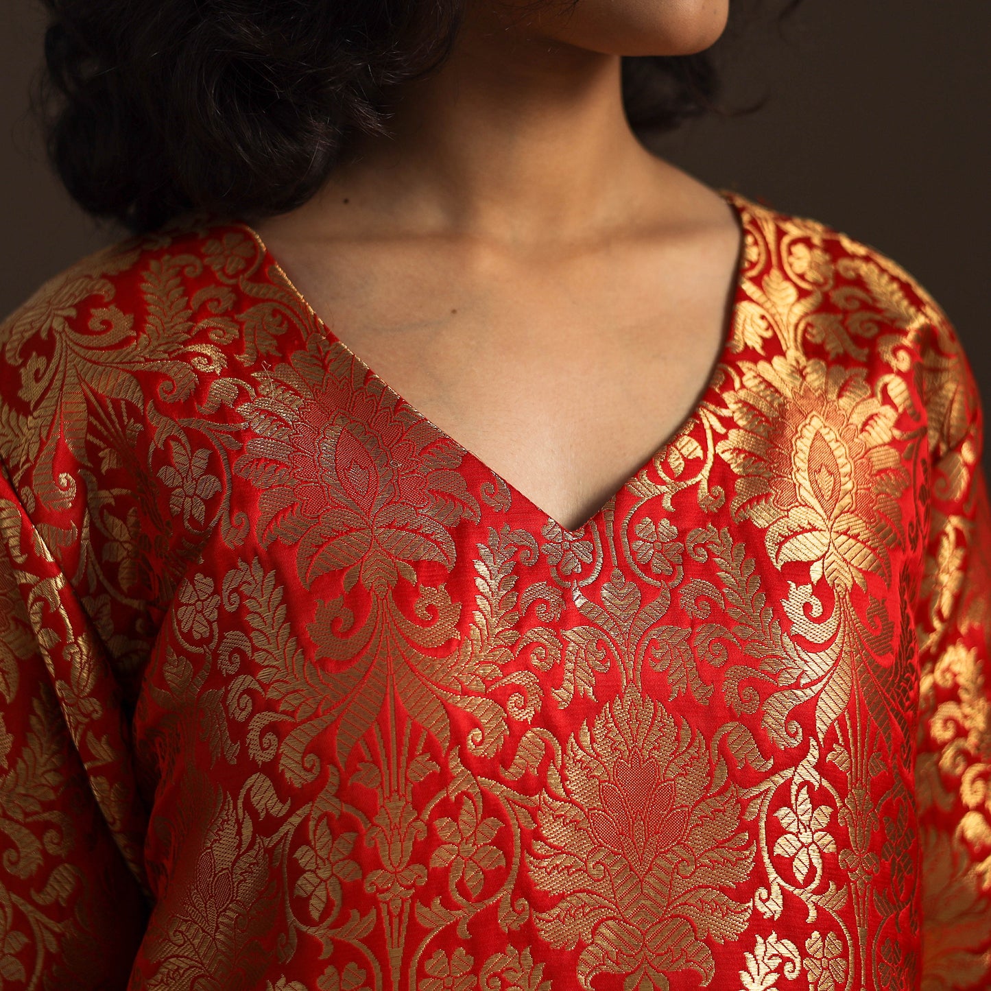 Red - brocade silk a-line banarasi kurta 03 - handcrafted