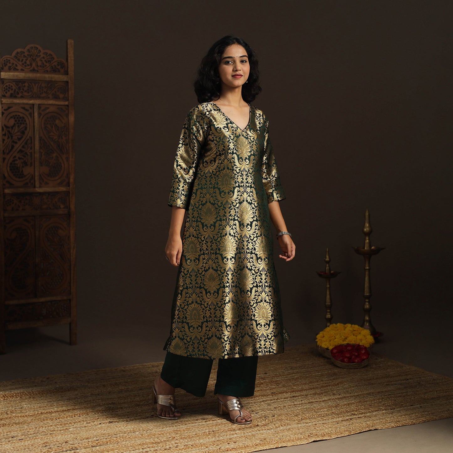 Green - brocade silk a-line banarasi kurta 02 - handcrafted