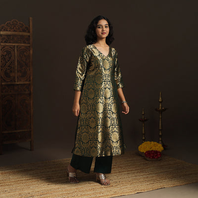 Green - brocade silk a-line banarasi kurta 02 - handcrafted