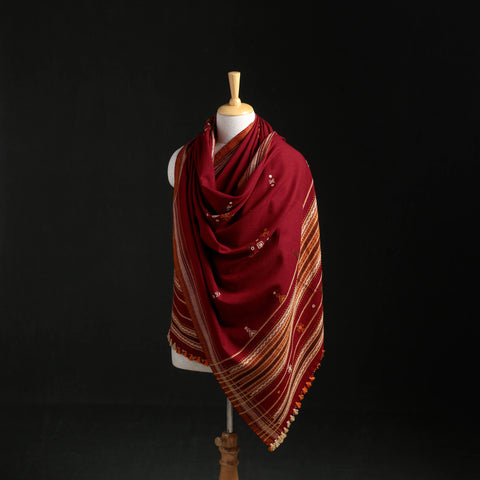 Red - Kutch Handwoven Mirror Work Acrylic Wool Shawl 02