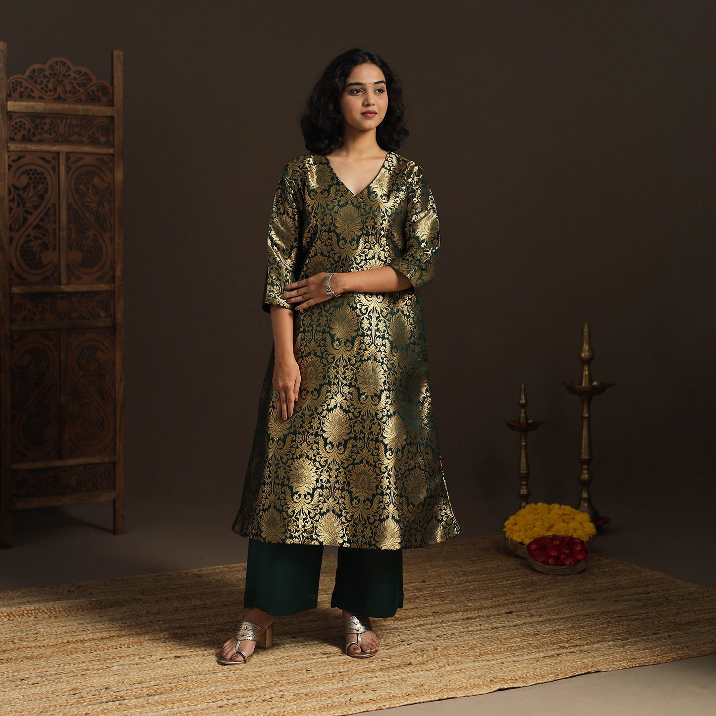Green - brocade silk a-line banarasi kurta 02 - handcrafted