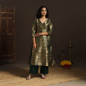 Green - brocade silk a-line banarasi kurta 02 - handcrafted