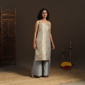 Grey - brocade silk straight banarasi kurta 12 - handcrafted