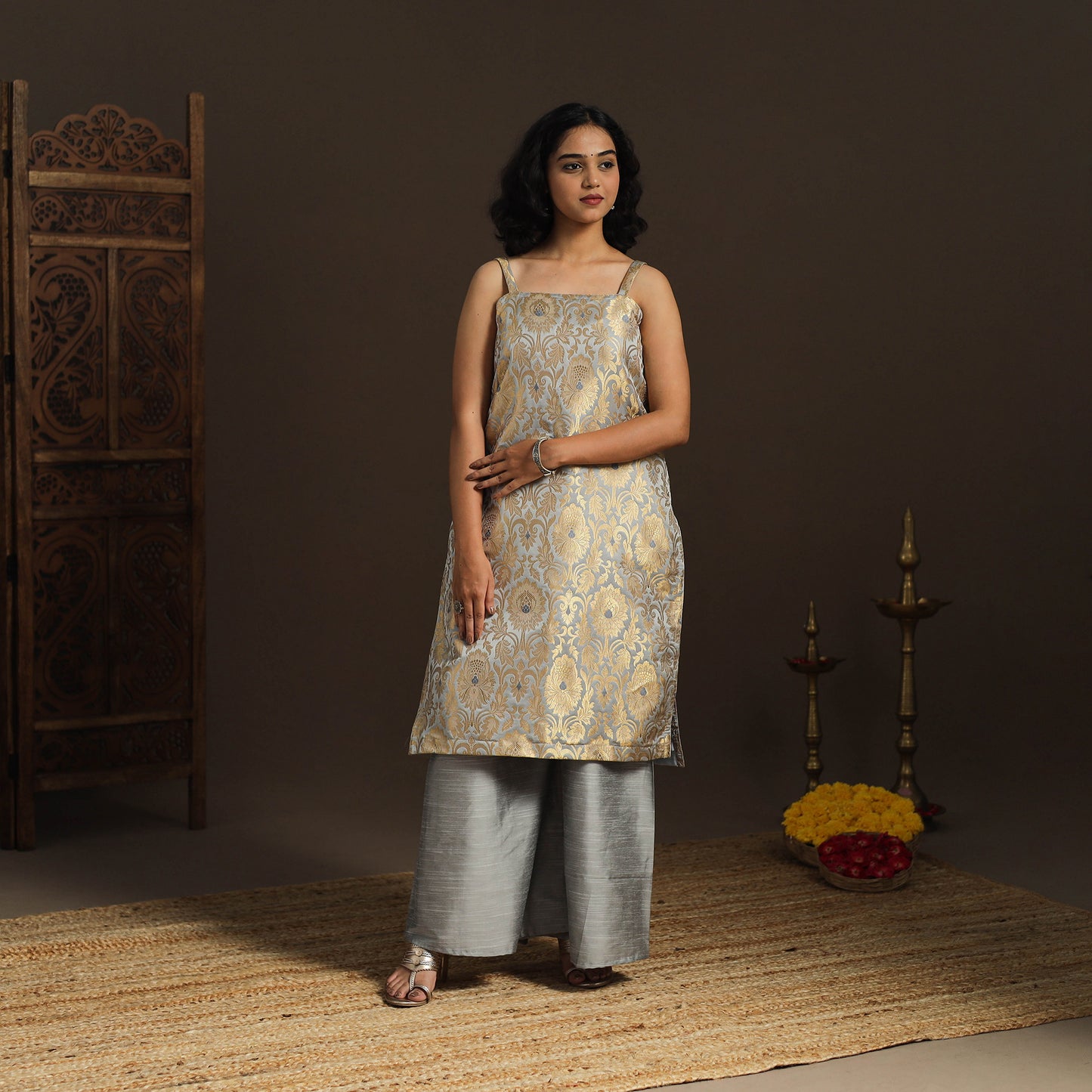 Grey - brocade silk straight banarasi kurta 12 - handcrafted