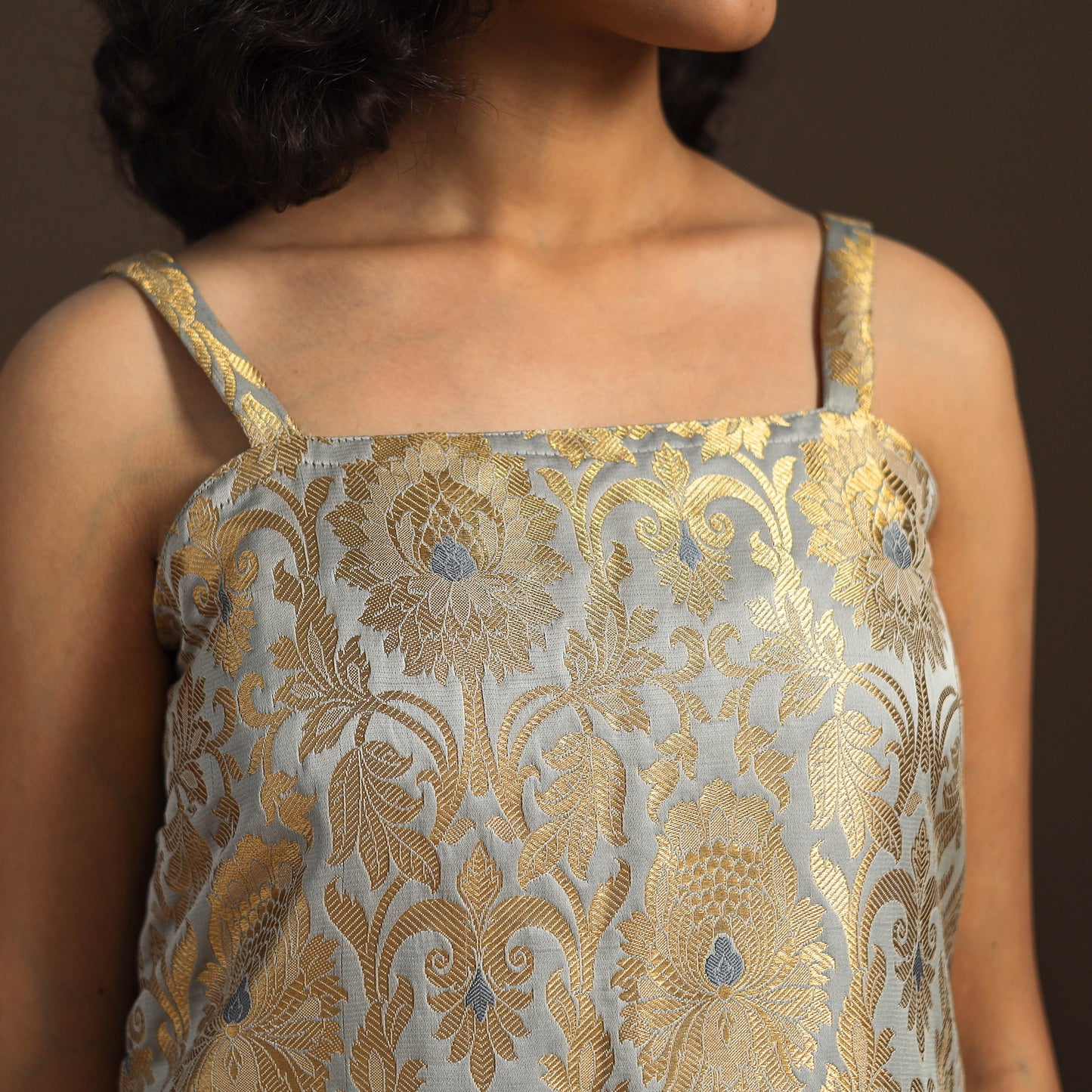 Grey - brocade silk straight banarasi kurta 12 - handcrafted