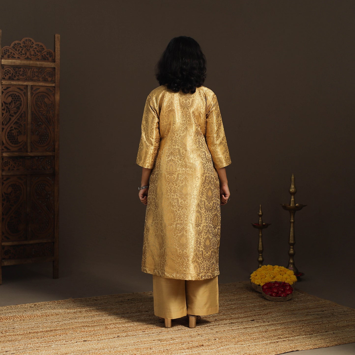 Brown - brocade silk a-line banarasi kurta 01 - handcrafted