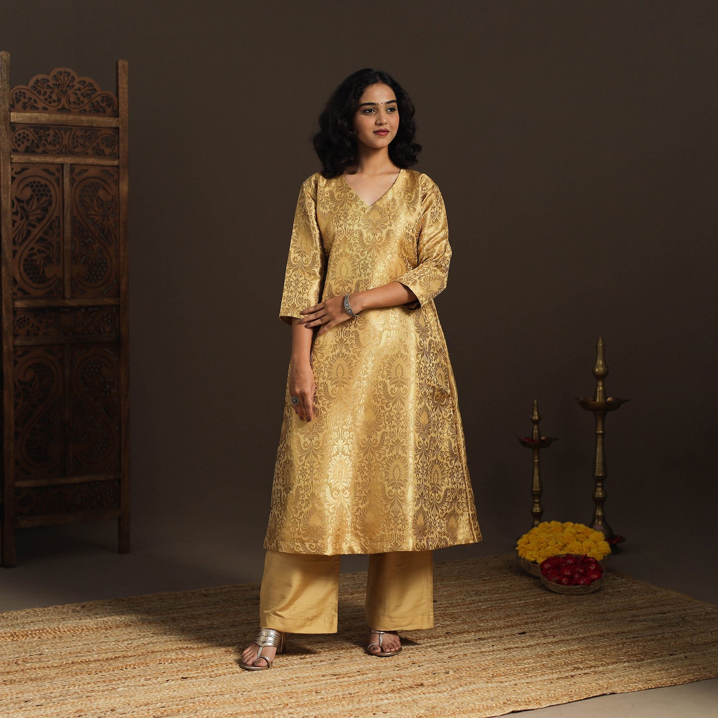 Brown - brocade silk a-line banarasi kurta 01 - handcrafted