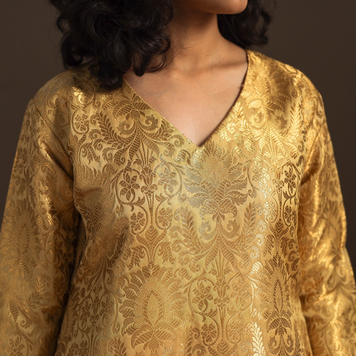 Brown - brocade silk a-line banarasi kurta 01 - handcrafted