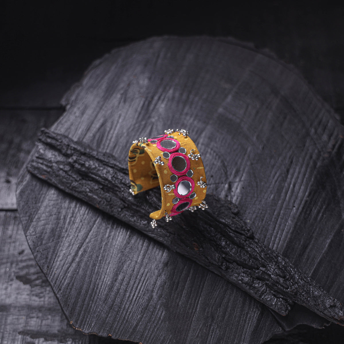 Yellow - Fabart Ghungroo Mirror Work Handmade Cuff Bracelet (Adjustable) 15