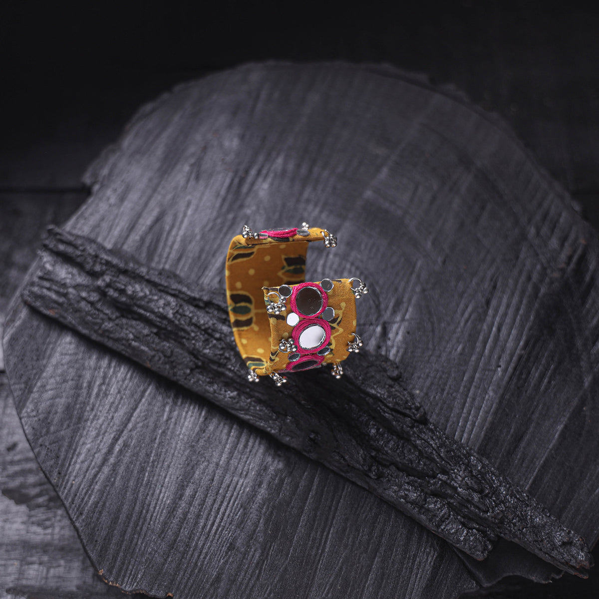 Yellow - Fabart Ghungroo Mirror Work Handmade Cuff Bracelet (Adjustable) 15