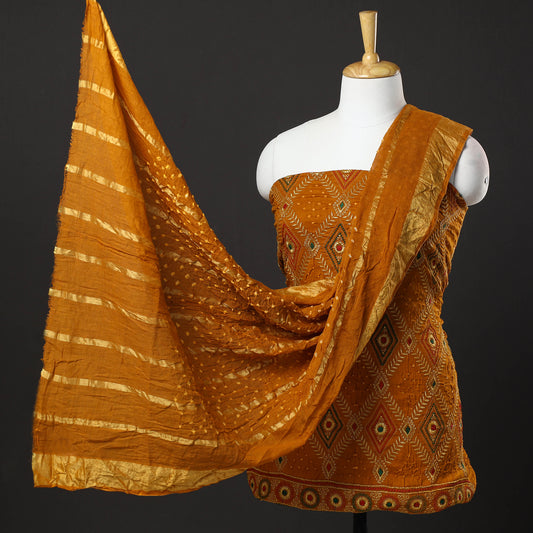 3pc Kutch Bandhani Tie-Dye Satin Cotton Zari Work Suit Material Set 01