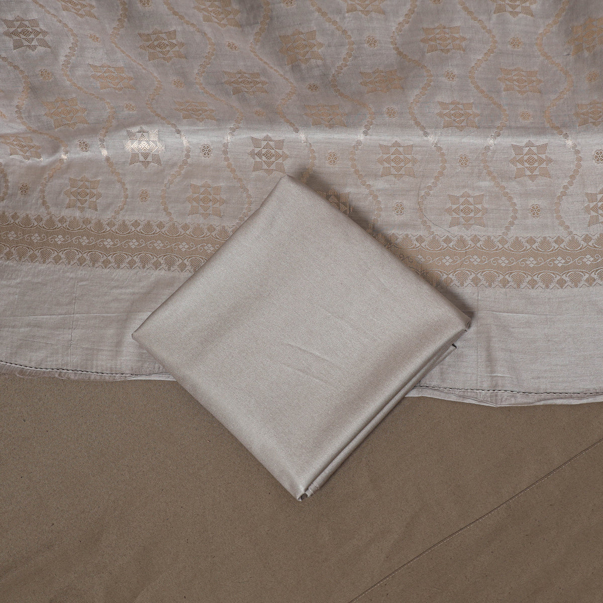 Banarasi Silk Cotton Zari Work Unstitched Dress Material: Kurta, Bottom & Dupatta 02