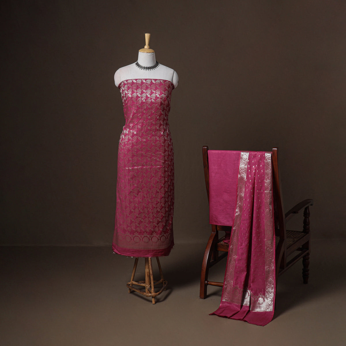 Banarasi Silk Cotton Zari Work Unstitched Dress Material: Kurta, Bottom & Dupatta 01