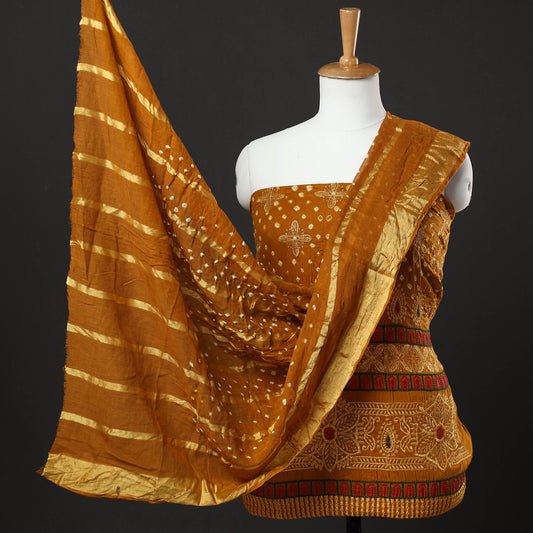 3pc Kutch Bandhani Tie-Dye Satin Cotton Zari Work Suit Material Set 06