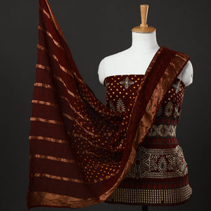3pc Kutch Bandhani Tie-Dye Satin Cotton Zari Work Suit Material Set 09