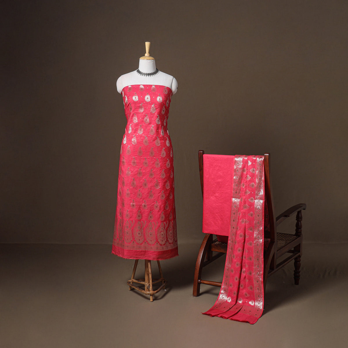 Banarasi Silk Cotton Zari Work Unstitched Dress Material: Kurta, Bottom & Dupatta 08