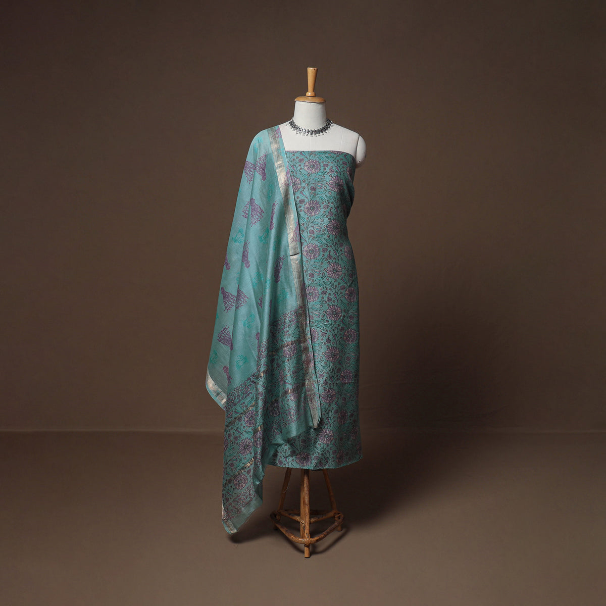 Floral Sanganeri Print Maheshwari Silk Unstitched Dress Material: Kurta, Bottom & Dupatta 01