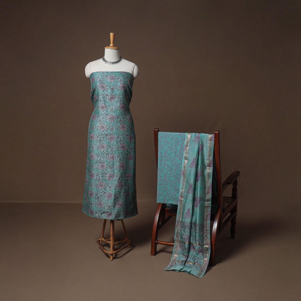 Floral Sanganeri Print Maheshwari Silk Unstitched Dress Material: Kurta, Bottom & Dupatta 01