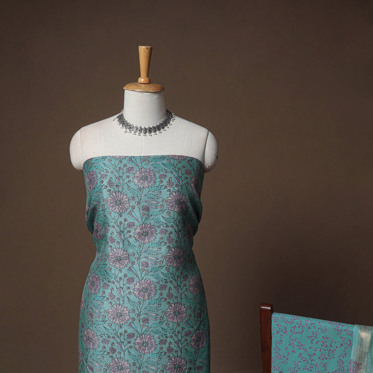 Floral Sanganeri Print Maheshwari Silk Unstitched Dress Material: Kurta, Bottom & Dupatta 01