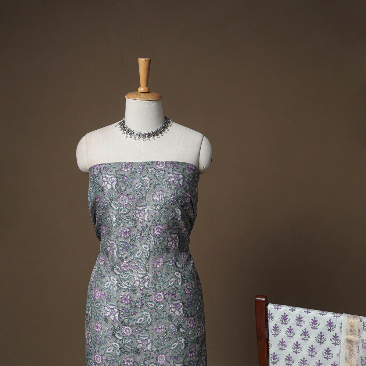 Floral Sanganeri Print Maheshwari Silk Unstitched Dress Material: Kurta, Bottom & Dupatta 03