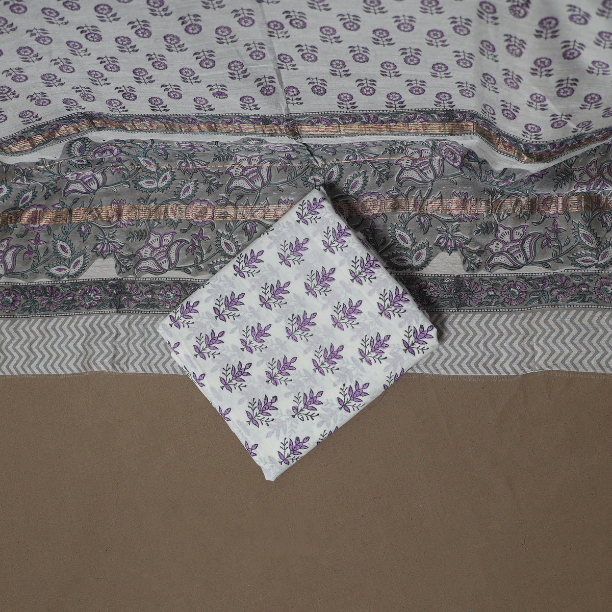 Floral Sanganeri Print Maheshwari Silk Unstitched Dress Material: Kurta, Bottom & Dupatta 03