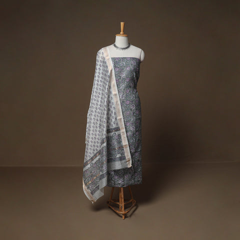 Floral Sanganeri Print Maheshwari Silk Unstitched Dress Material: Kurta, Bottom & Dupatta 03
