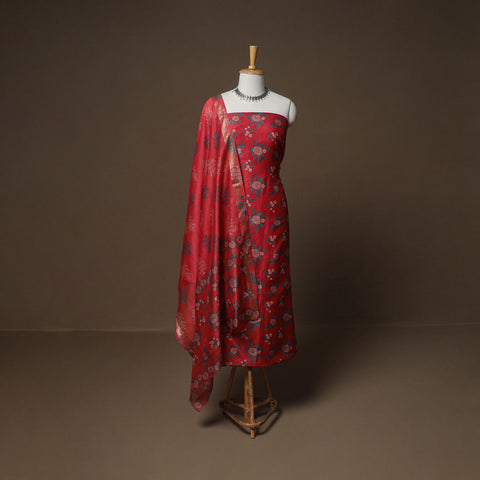 Floral Sanganeri Print Maheshwari Silk Unstitched Dress Material: Kurta, Bottom & Dupatta 04