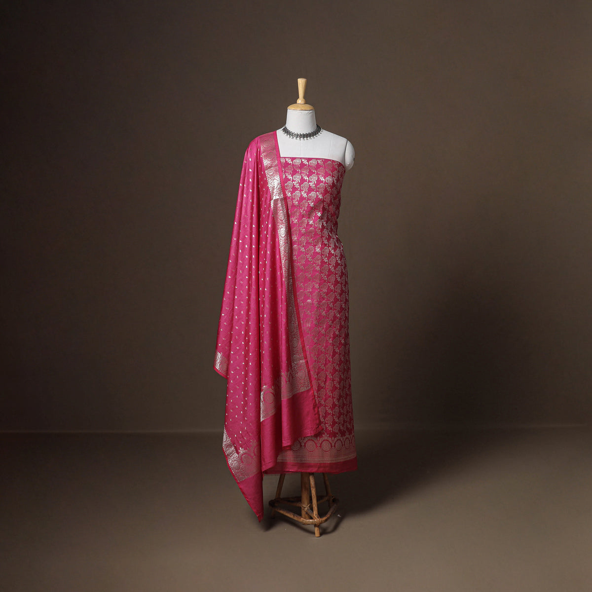 Banarasi Silk Cotton Zari Work Unstitched Dress Material: Kurta, Bottom & Dupatta 13